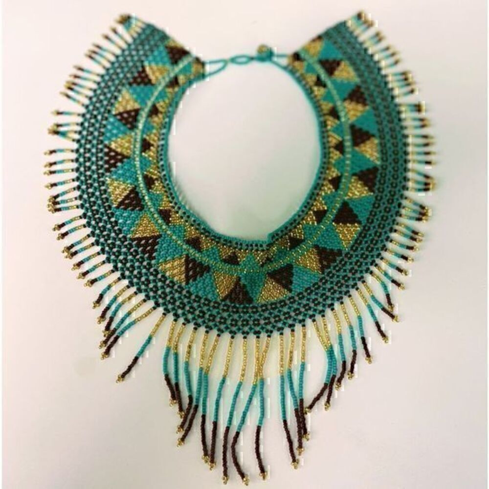 New Beautiful Handmade Turquoise, Gold and Brown Beaded Mexican Collar Necklace - Picture 2 of 3